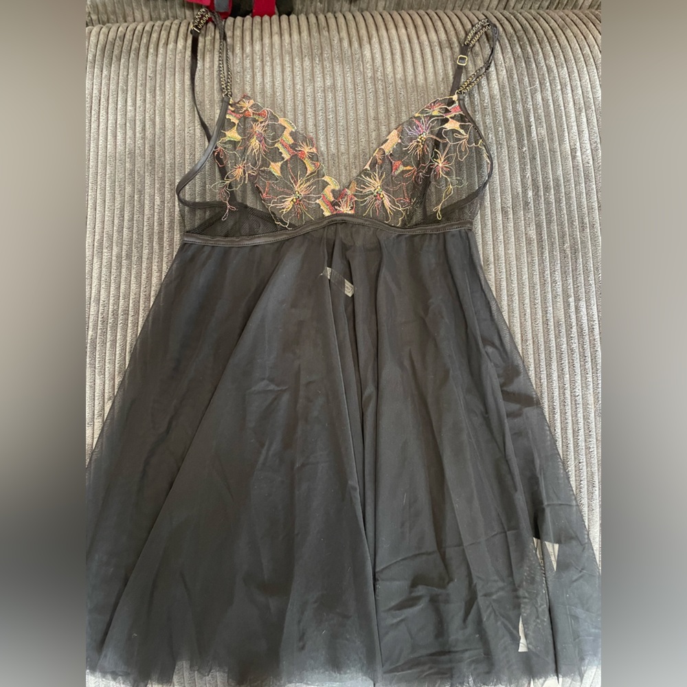 intimissimi Black Sheer Babydoll with Multicolor Floral Embroidery